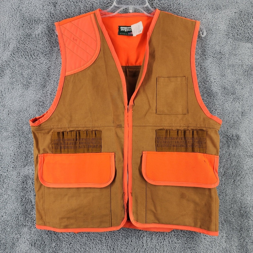 VTG Saf-T-Bak Hunting Vest Mens L Tan Orange Canvas Zip Shell Holder USA Made‎